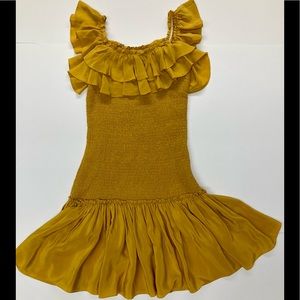 Cinq a Sept Silk Dress sz 2 Ruffled Smocked Mustard Ruffled